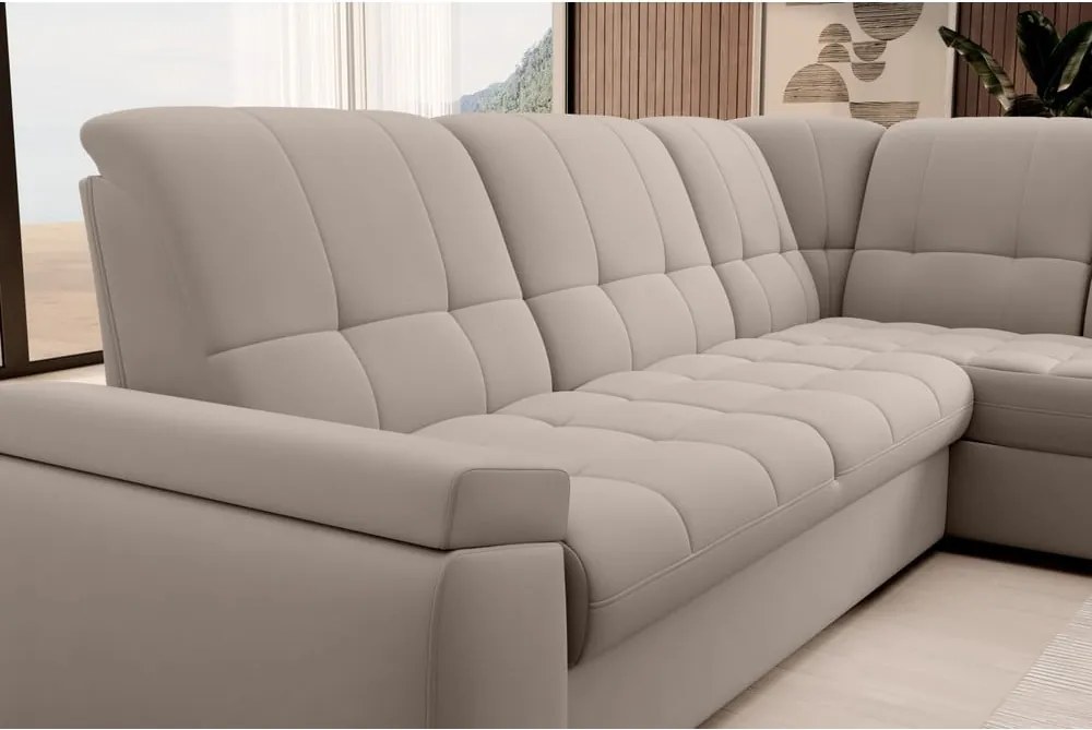 Colțar bej extensibil/cu spațiu de depozitare cu tapițerie din catifea (cu colț pe partea dreaptă/în formă de ”L”) Sado – ELTAP