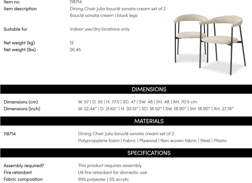 Set de 2 scaune design LUX Julio, Boucle sonata cream