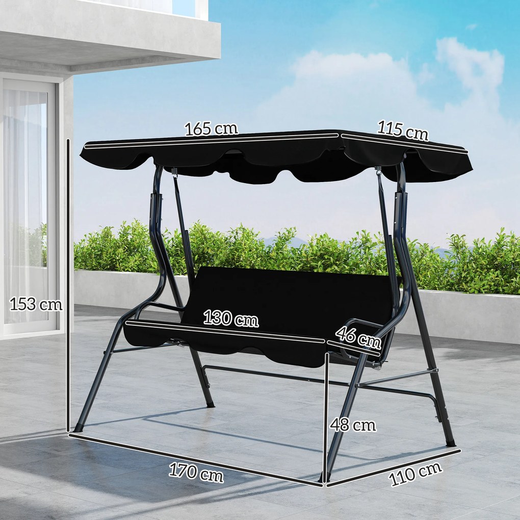 Outsunny Balansoar de Grădină 3 Locuri cu Acoperiș Reglabil și Perne Moi din Poliester, Capacitate 240 kg, 170x110x153 cm, Negru | Aosom Romania