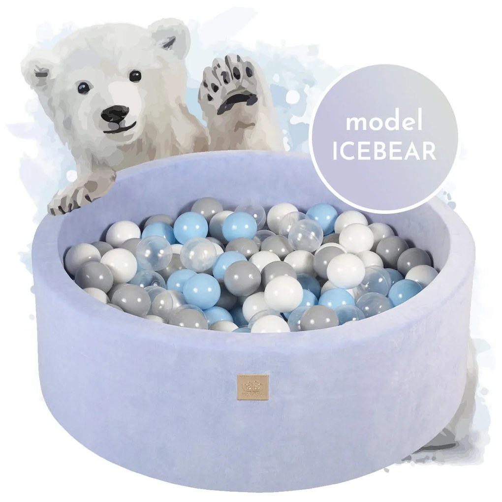 Piscina uscata cu 250 de bile (Babyblue, Alb, Gri, Transparent) MeowBaby  , Icebear, 90x30 cm, Catifea Babyblue