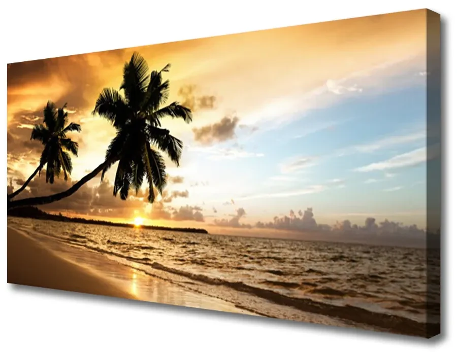 Tablou pe panza canvas Palm Trees Sea Beach Peisaj Galben Negru Albastru