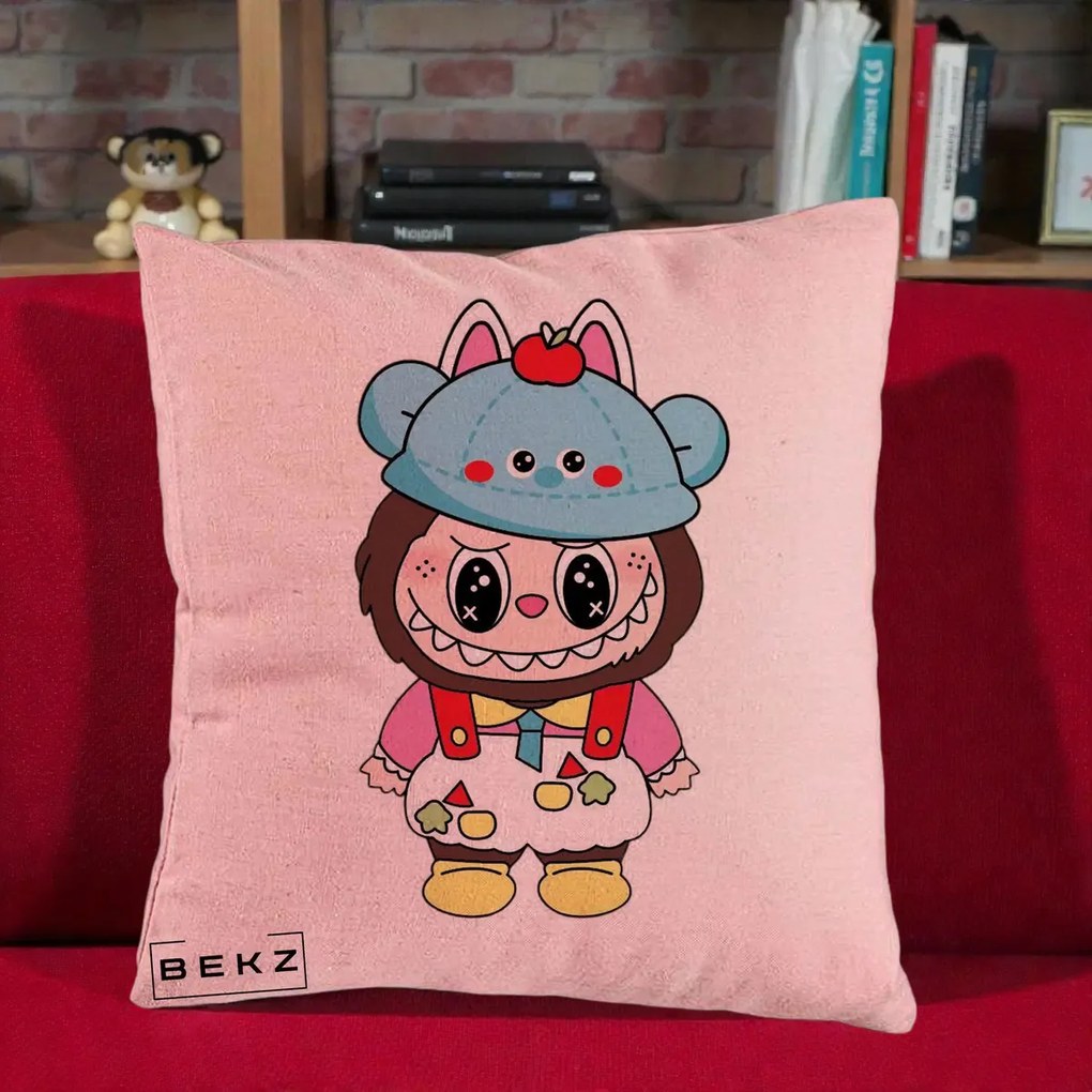 Perna Personalizata Labubu x Urs Albastru Colorat, 40x40 cm, Roz, Husa Detasabila, Perna Inclusa, BEKZ®