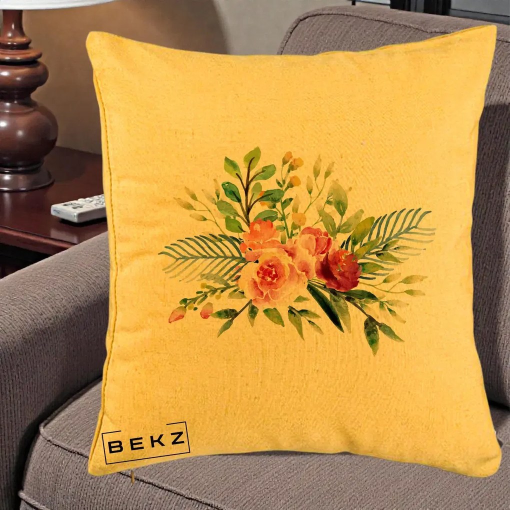 Perna Decorativa Buchet Flori Acuarela Roz-Verde, 40x40 cm, Galben, Husa Detasabila, Perna Inclusa, BEKZ®