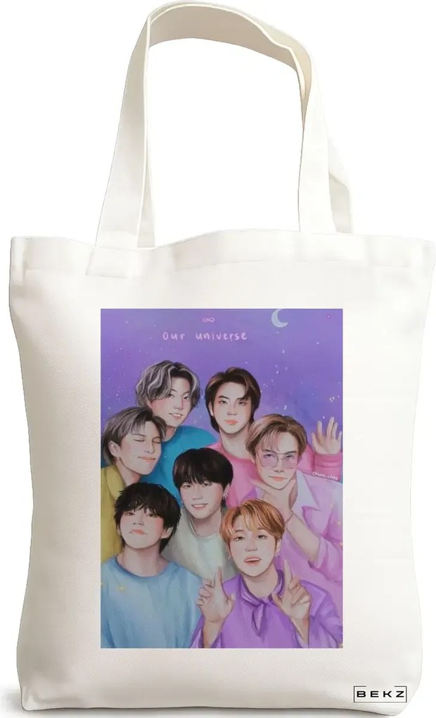 Sacosa de Panza pentru Cumparaturi, Geanta Tote, model BTS Army 4, 38x34.5 cm, Alba, BEKZ®