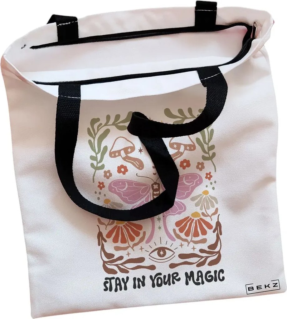 Sacosa de Panza pentru Cumparaturi, Geanta Tote, Boho Style 4, Cu fermoar, 38x34.5 cm, Alba, BEKZ®