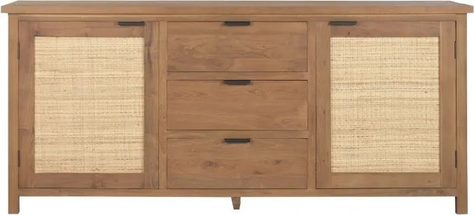 Bufet din lemn de tec reciclat, natur, 2 uși cu panouri din ratan împletit și 3 sertare centrale, finisaj natural, 81 x 181 x 46 cm, „Carcassonne”