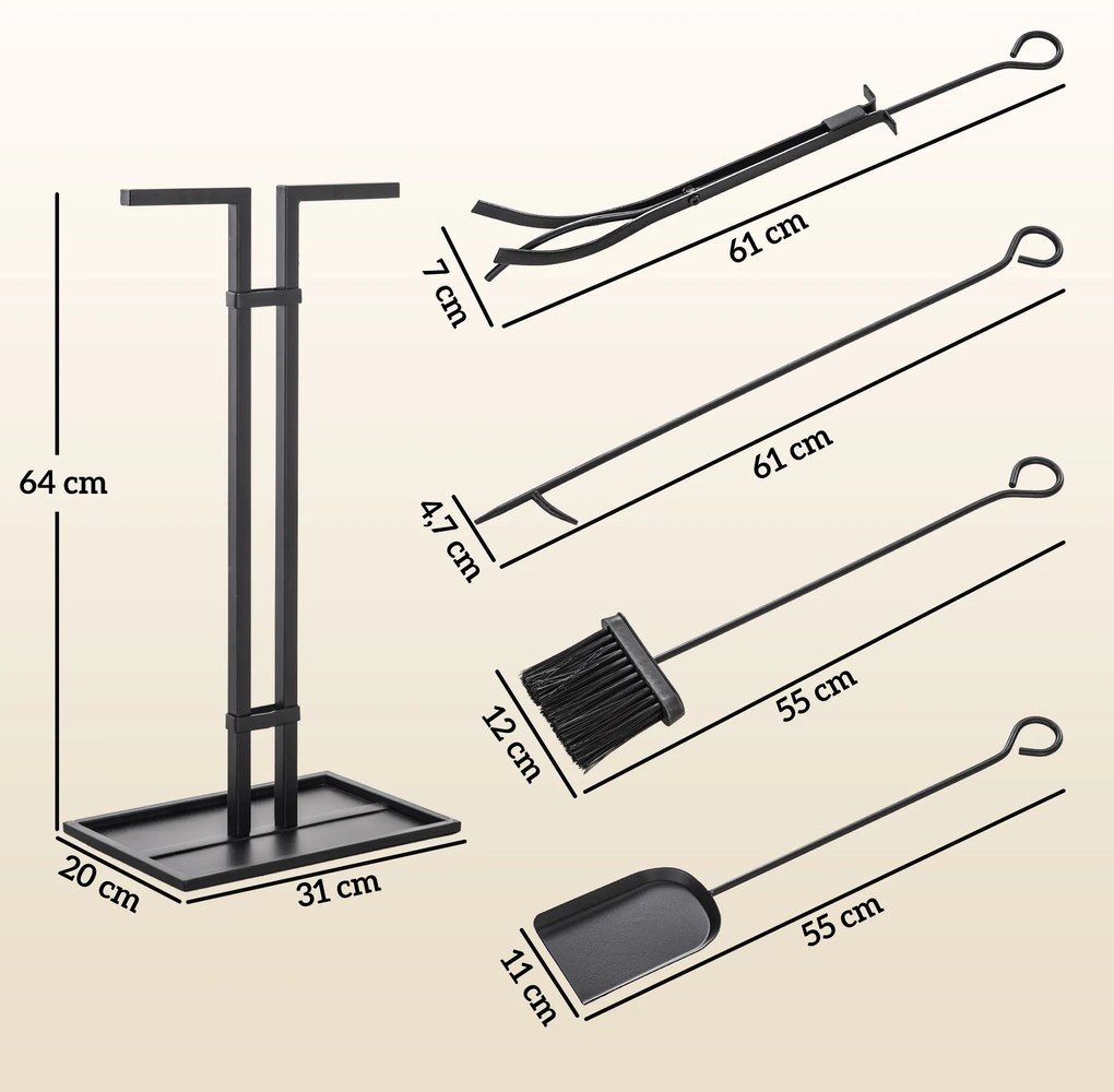 Outsunny Set servitor pentru șemineu 5 piese, unelte pentru șemineu, din metal, mătură, lopată, clește, tisonier și suport, negru | Aosom Romania