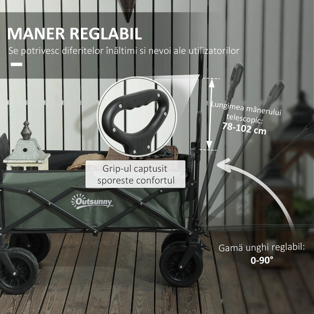 Outsunny Cărucior Pliabil de Grădină cu Deschidere Posterioară, Roți, Buzunare de Depozitare și Mâner, 125x48x78-102 cm, Verde | Aosom Romania