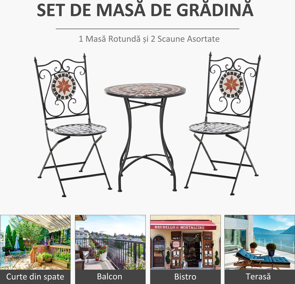 Set de Gradina Outsunny cu 2 Scaune Pliante si 1 Masuta tip Mozaic, Metal si Ceramica | Aosom Romania