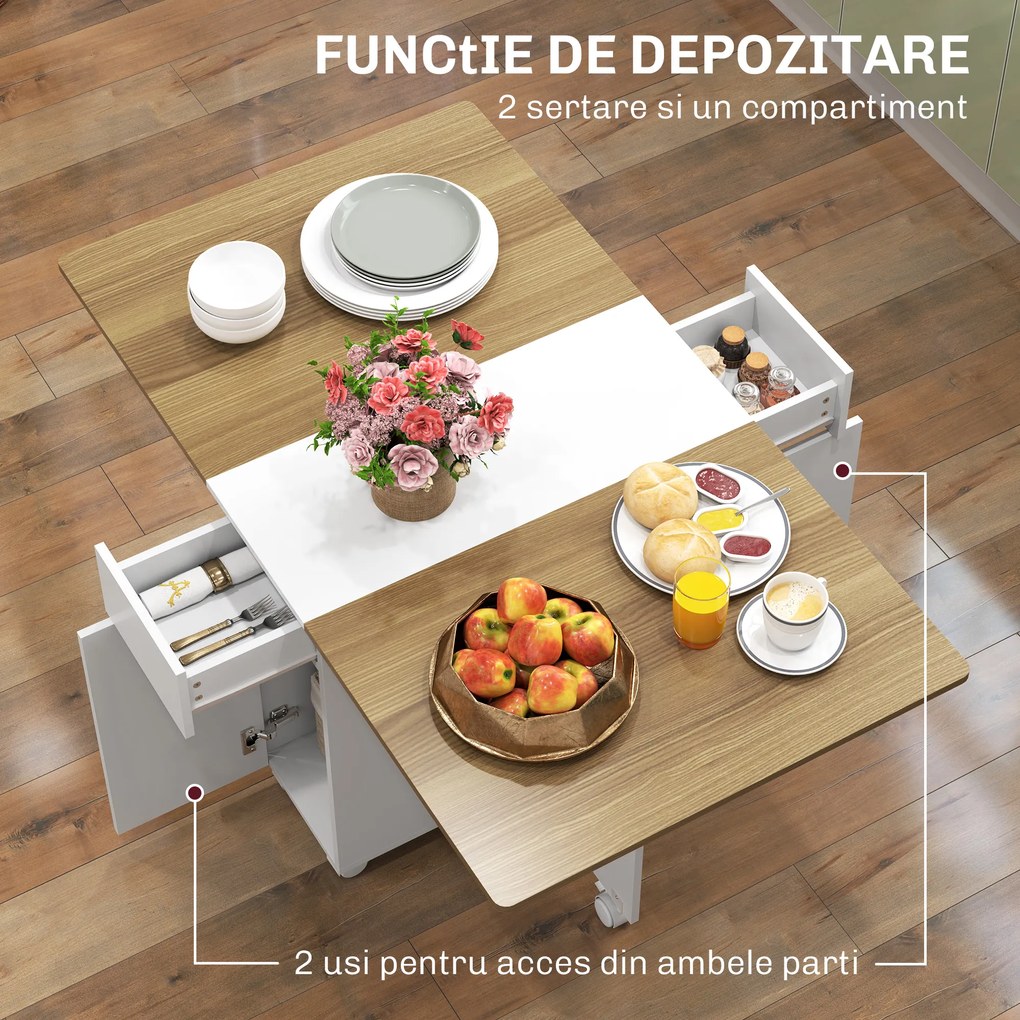 HOMCOM Masă Extensibilă pentru 6 Persoane, Masă Pliabilă cu Roți, 2 Sertare și Dulapior, 140x76x74 cm, Alb | Aosom Romania