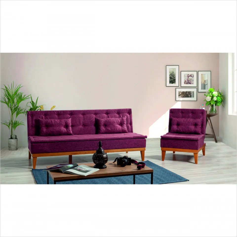 Set Canapea si Fotoliu, Lemn Solid, Fuoco, 2 Piese, Rosu Bordo
