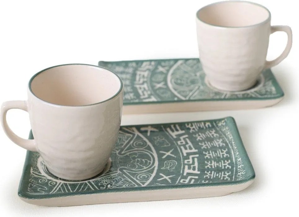 Set 2 cesti cu 2 farfurii 275KRM2236, alb/verde, ceramica, 100 ml