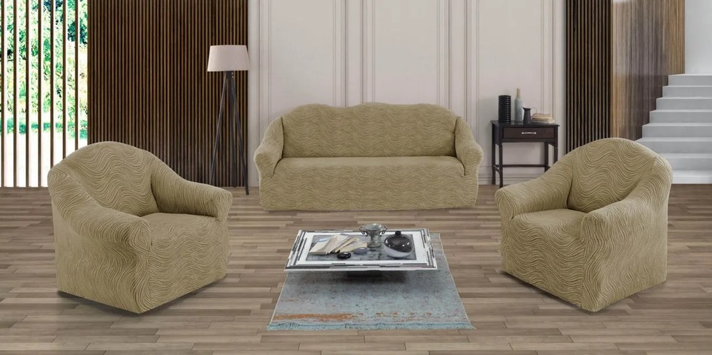 Set huse elastice pentru canapea 3 Locuri si 2 fotolii, fara volanas, model Jacquard Bej in dungi