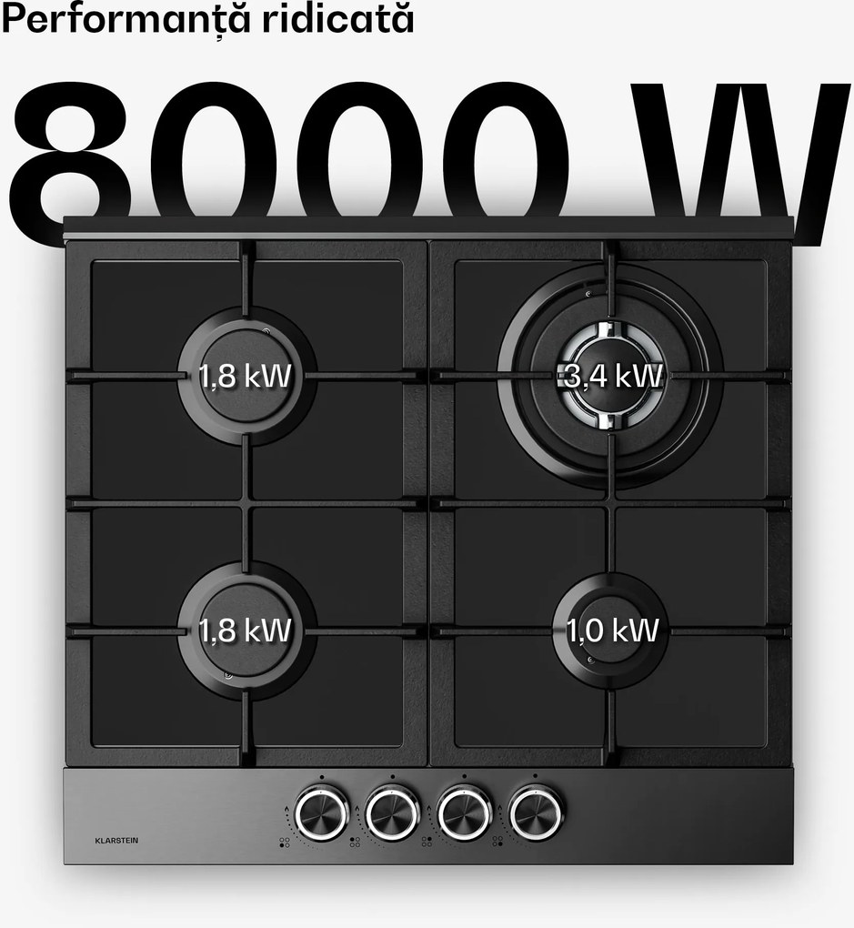 Klarstein Plită pe gaz Verosteel, 4 arzătoare, aprindere electrică, compatibilă cu gaz natural și GPL, 8000 W, 60 cm