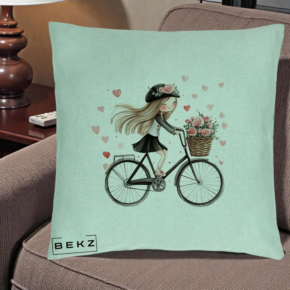 Perna Decorativa Fetita Kawaii pe Bicicleta cu Trandafiri si Inimioare, 40x40 cm, Verde Menta, Husa Detasabila, Perna Inclusa, BEKZ®
