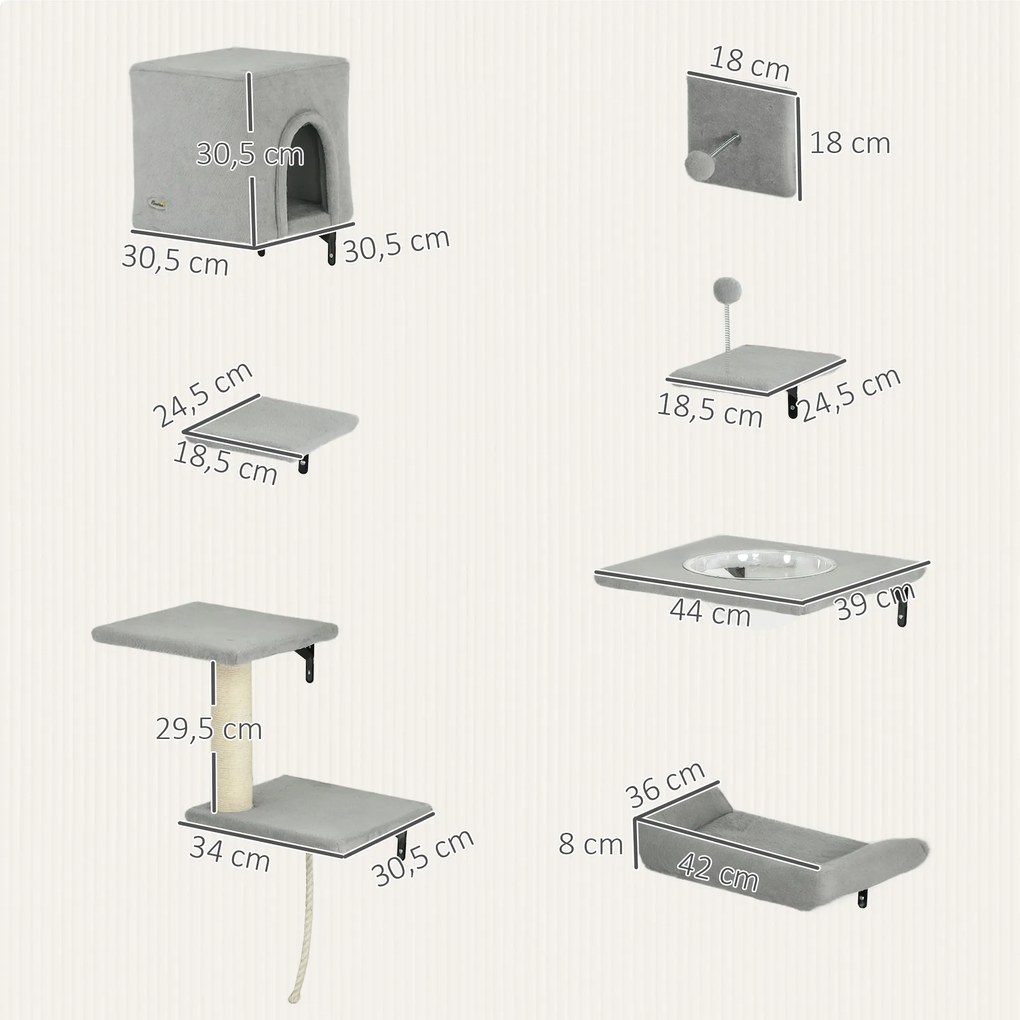 PawHut Perete de cățărat pentru pisici 7 piese set de cățărat pentru pisici cu cușcă, platformă, platformă Gri | Aosom Romania