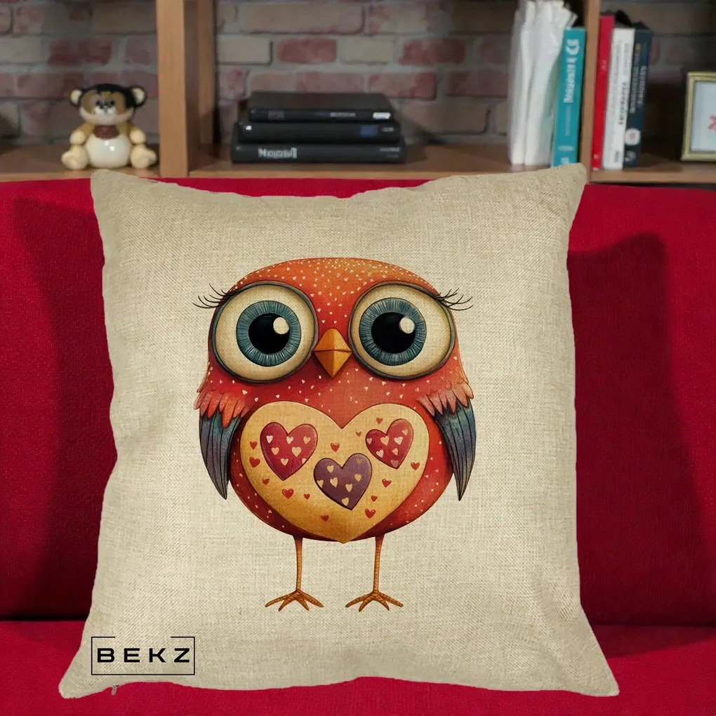 Perna Decorativa Bufnita Rosie cu Inimi Aurii, 40x40 cm, Crem, Husa Detasabila, Perna Inclusa, BEKZ®