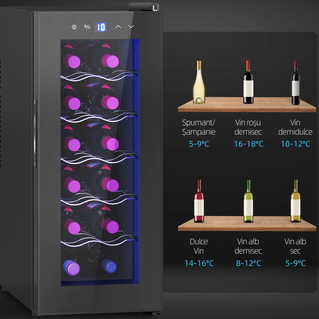 HOMCOM Frigider Termoelectric Dublu pentru 12 Sticle de Vin cu Ușă de Sticlă și Lumină LED, 26,5x51,5x65 cm, Negru | Aosom Romania