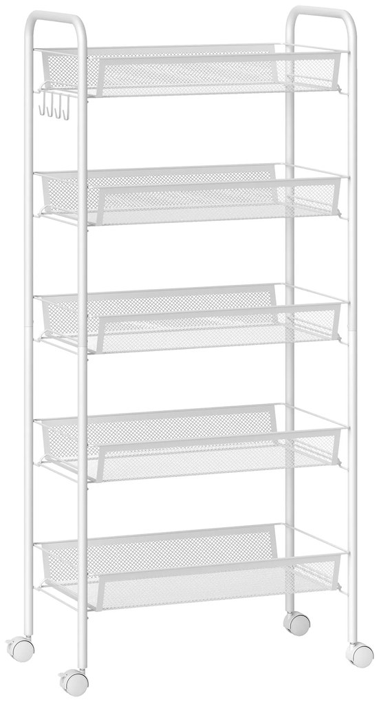 HOMCOM Cărucior de Bucătărie Economisitor de Spațiu cu 5 Nivele și Coșuri de Plasă, 45x26.5x106 cm, Alb | Aosom Romania