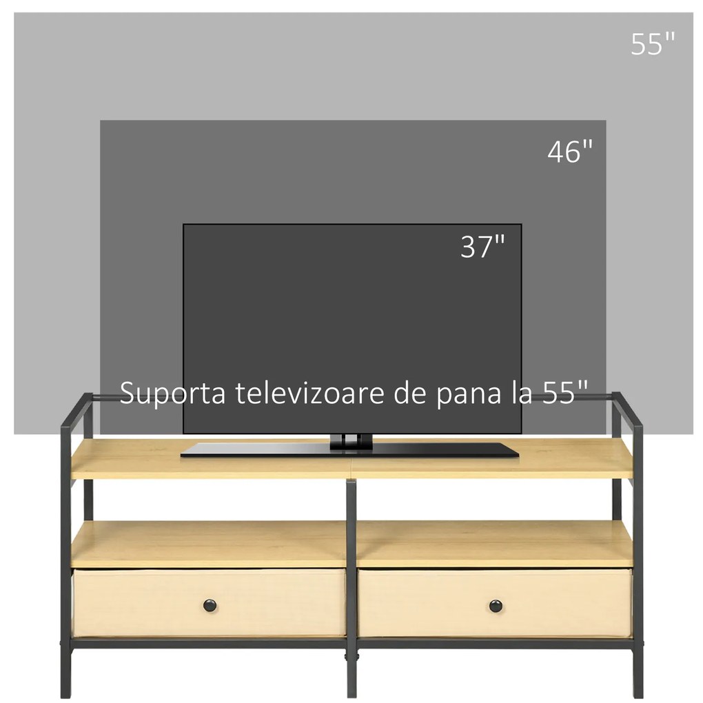 Comoda TV max 55" din PA si otel cu 2 rafturi pe 2 nivele si 2 sertare din material netesut, 120x40x59cm, culoare negru si lemn HOMCOM | Aosom RO