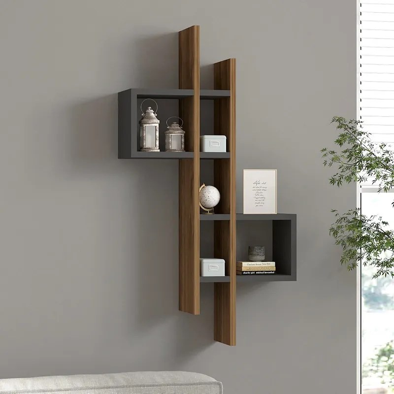 Etajera de perete Garelo PAL, finisaj nuc-antracit, 53.8x19.6x108 cm
