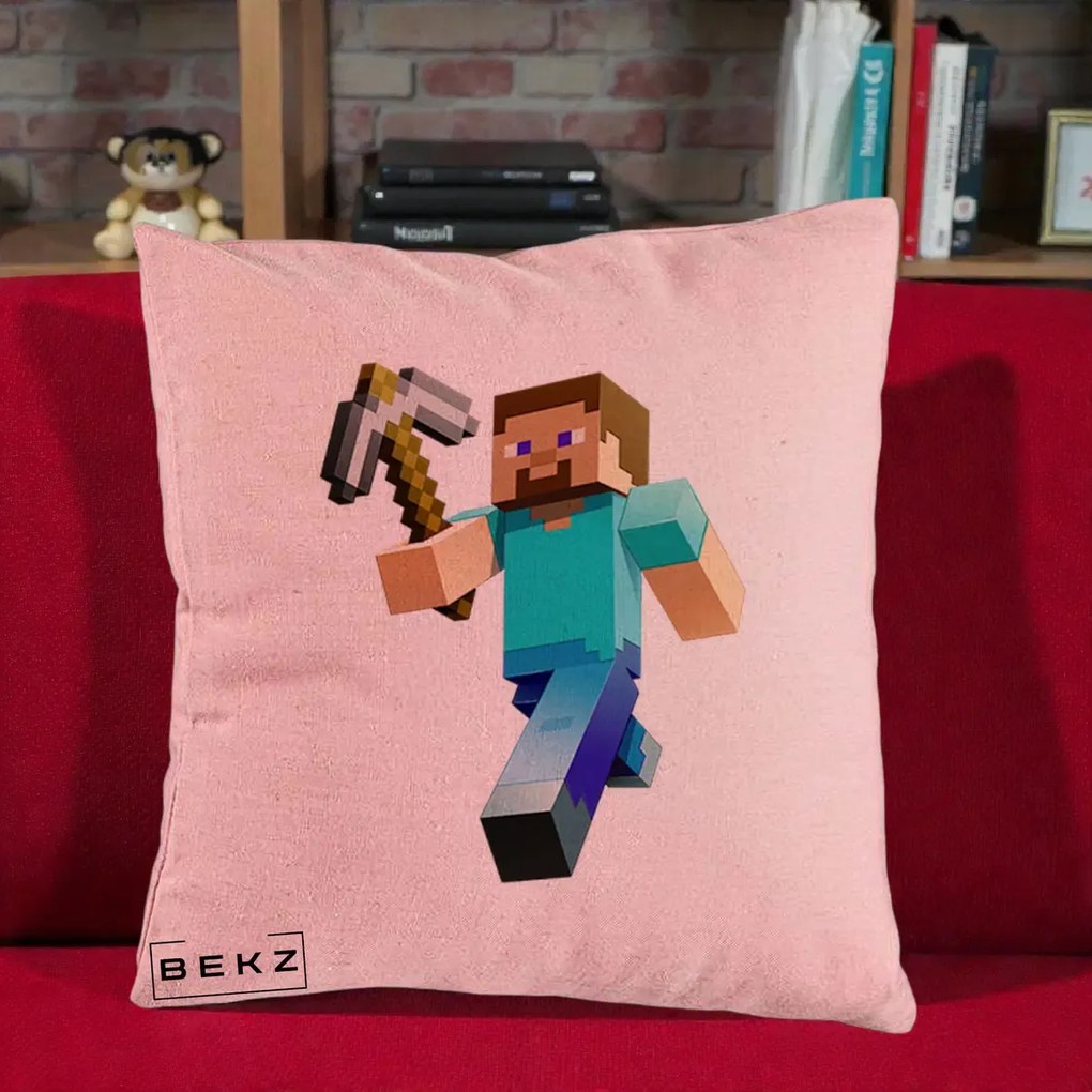 Perna Personalizata Minecraft Steve cu Tarnacop, 40x40 cm, Roz, Husa Detasabila, Perna Inclusa, BEKZ®