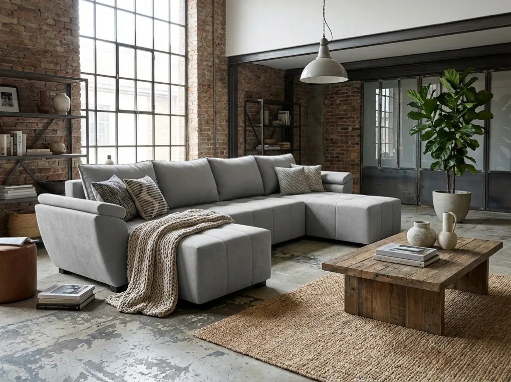 Coltar extensibil in forma de U LIVARO 305x140 cm, gri deschis