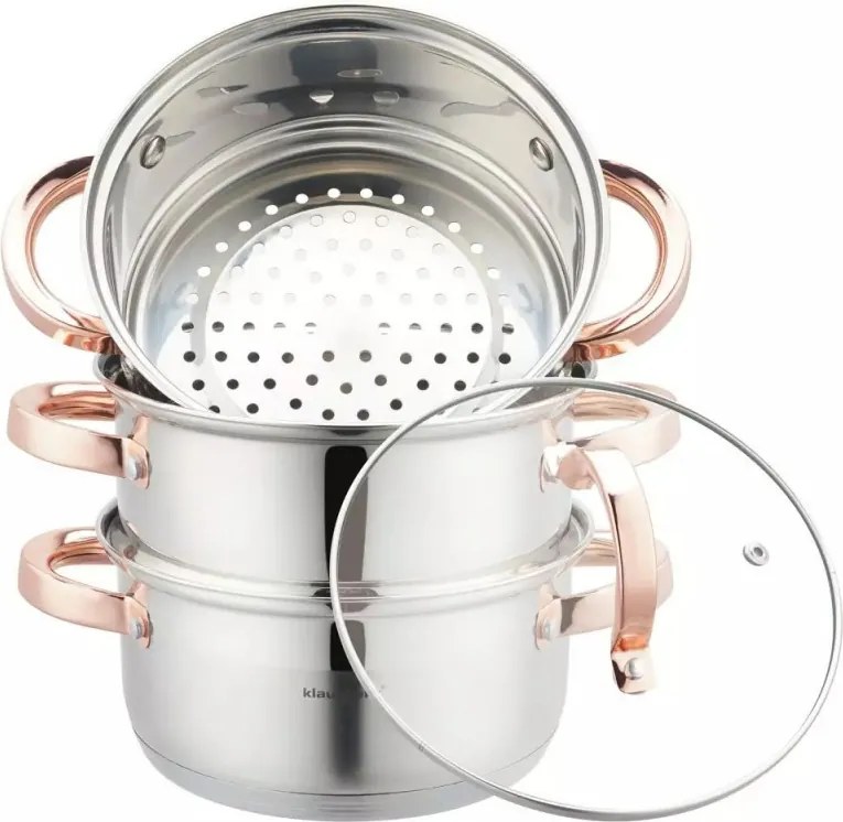 Resigilat: Oala pentru gatit la aburi Klausberg KB 7726, 18 cm, 2,5 L, 4 piese, Inductie, Inox/Aur roz