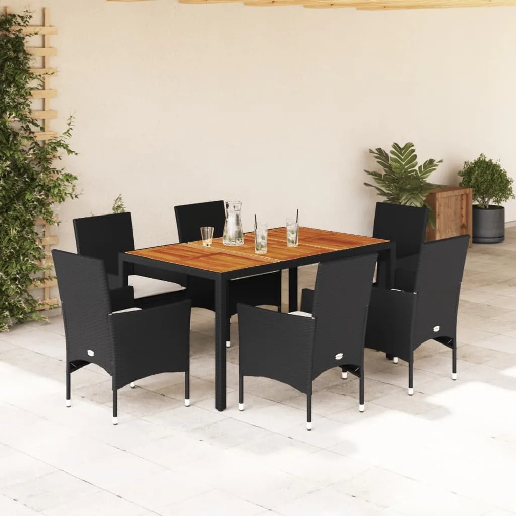 3278666 vidaXL Set mobilier grădină perne 7 piese negru poliratan/lemn acacia