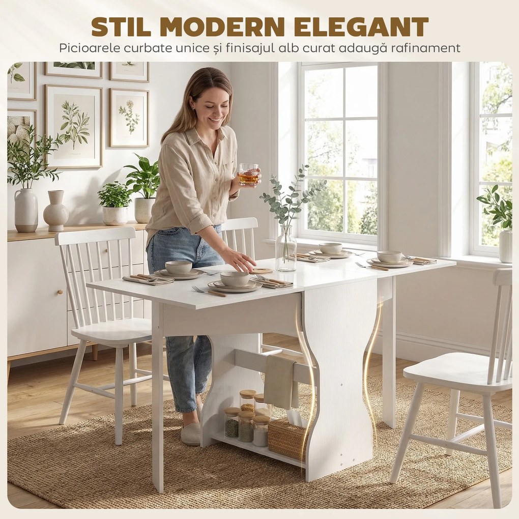 HOMCOM Masă de Bucătărie Pliabilă pentru 4 Persoane cu Raft, din Lemn, 160x60x75 cm, Alb | Aosom Romania