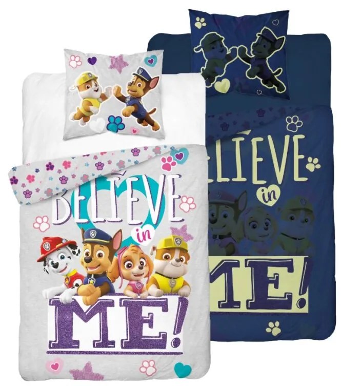 Lenjerie de pat luminoasa PAW PATROL Believe me gri Dimensiune lenjerie de pat: 70 x 80 cm | 140 x 200 cm