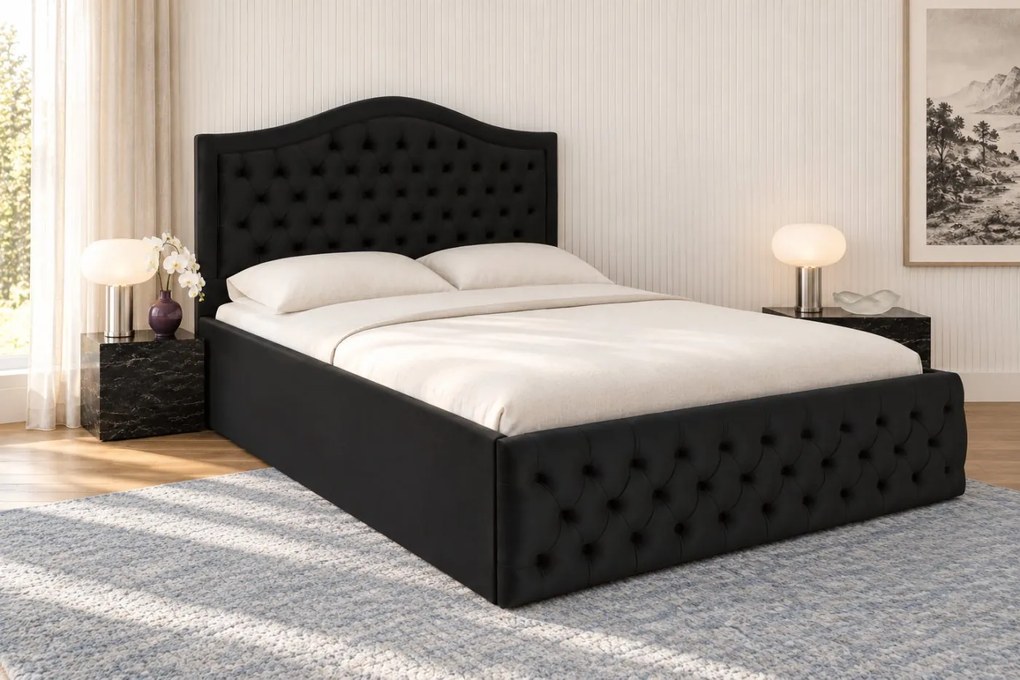 Pat tapițat din catifea Solaria 140×200 cm, negru, cu ladă de depozitare