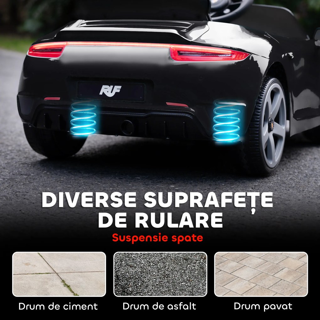 AIYAPLAY Mașină pentru Copii 3-5 Ani cu Licență Oficială RUF GT, Telecomandă, Centură de Siguranță și Muzică, Negru | Aosom Romania