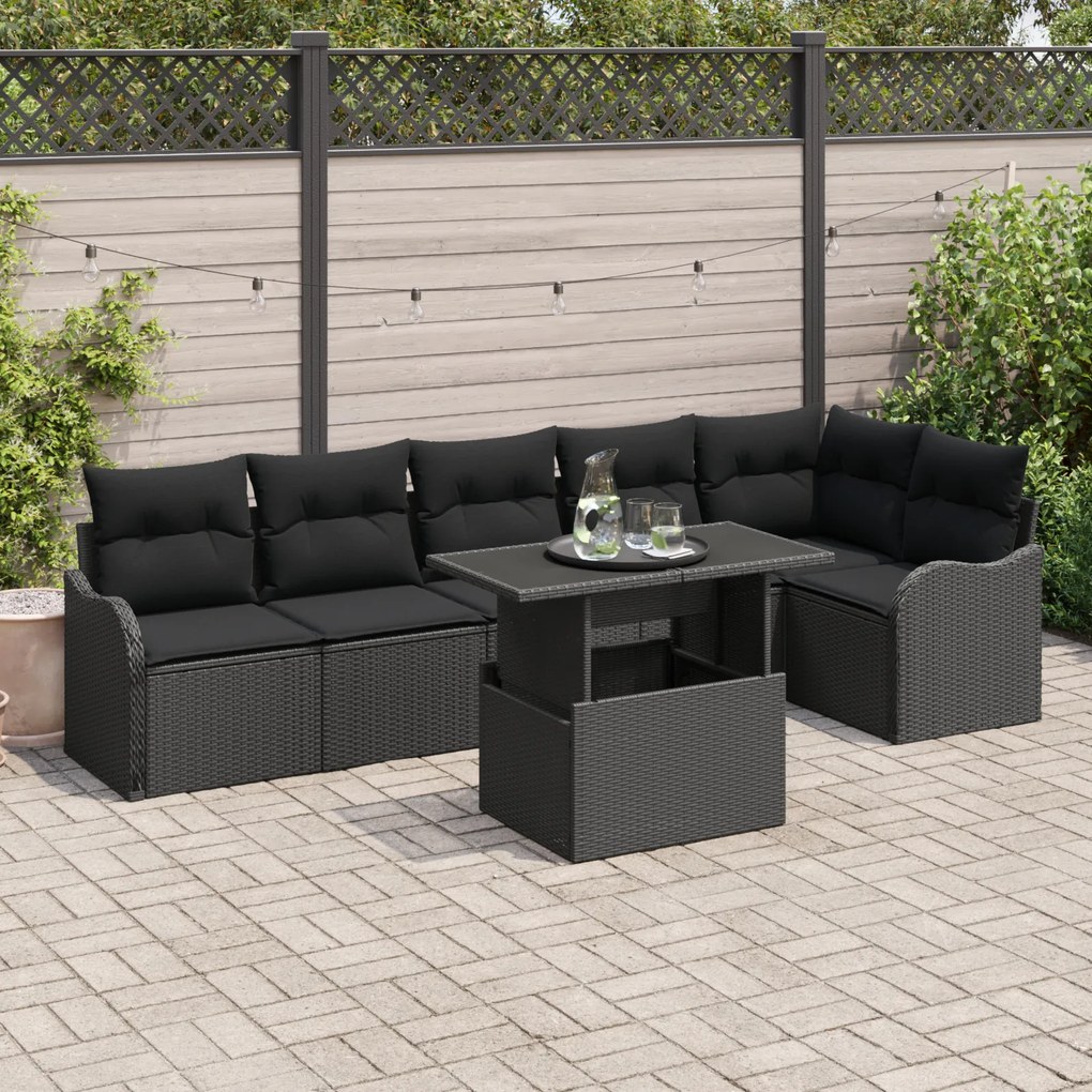 vidaXL Set de canapele pentru grădină cu pernă 7 pcs Negru Rattan poli