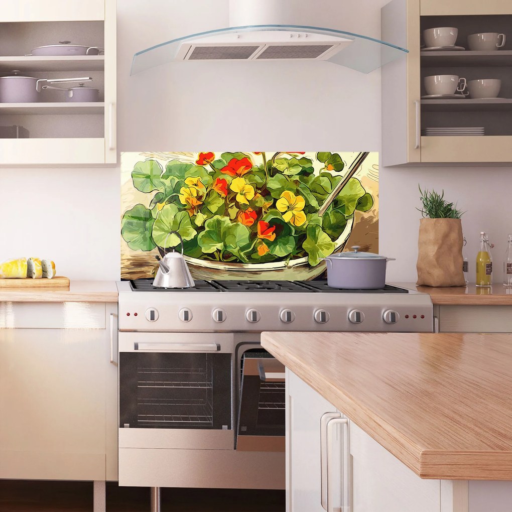 Panou Sticla Bucatarie, 60x150cm, Protectie aragaz, Antistropi, Termorezistent, Alimente, Legume, Flower Food