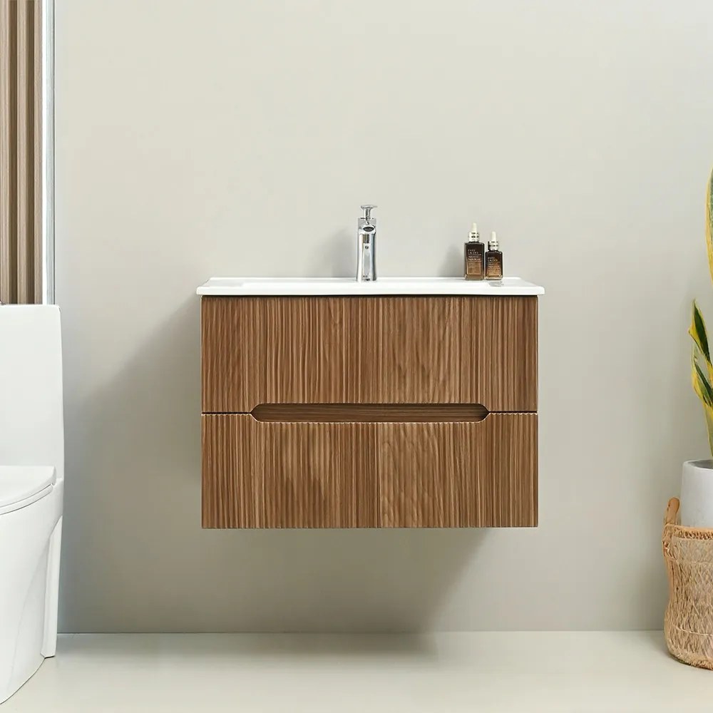 Mască de baie Trent 80 cu chiuvetă ceramică, 2 sertare, stejar apus de soare