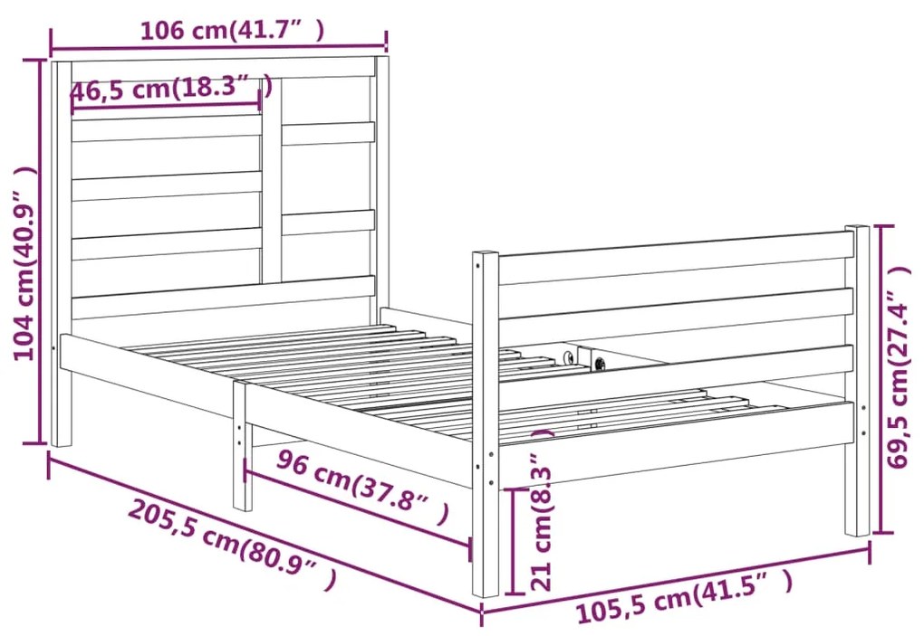 Cadru de pat, alb, 100x200 cm, lemn masiv Alb, 100 x 200 cm