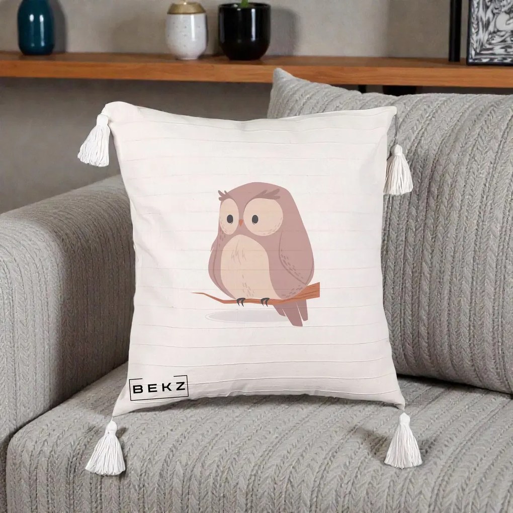 Perna Decorativa Bufnita Kawaii pe Creanga, 40x40 cm, Bej cu Franjuri, Husa Detasabila, Perna Inclusa, BEKZ®