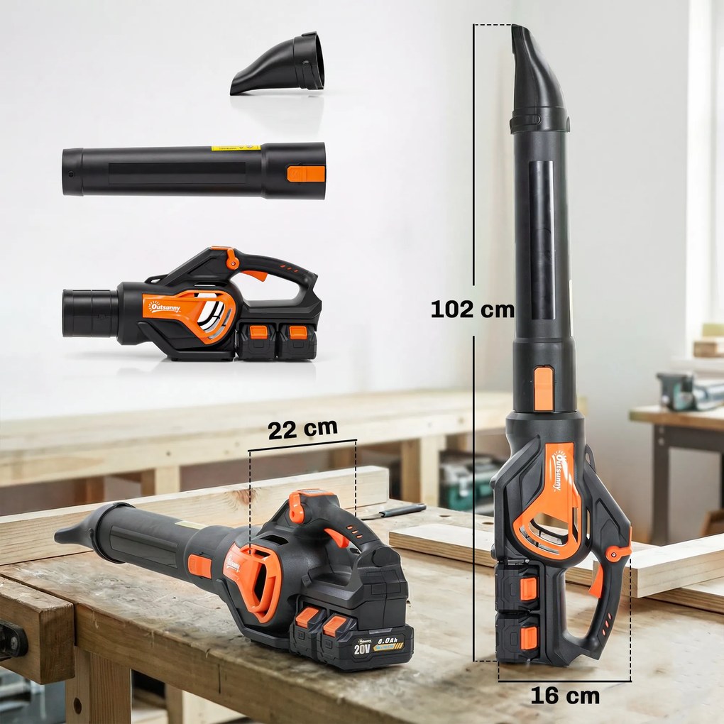 Outsunny Suflător de Frunze cu Baterie 20V, Motor Brushless 900W, 3 Niveluri de Viteză, Turbo Boost, Încărcător, Ușor, pentru Grădină, Frunze, Zăpadă, Praf | Aosom Romania