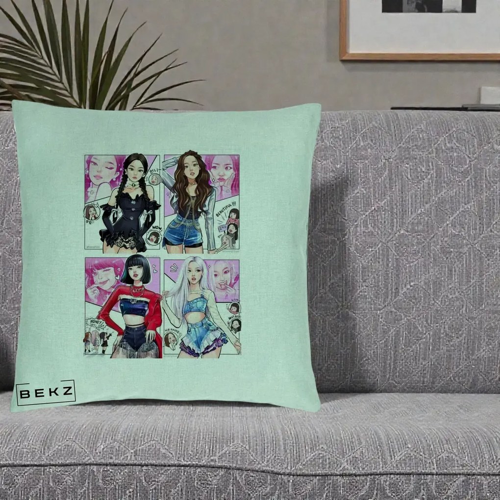 Perna Personalizata K-pop BLACKPINK Fanart Manga Benzi Desenate 4 Membre, 40x40 cm, Verde Menta, Husa Detasabila, Perna Inclusa, BEKZ®