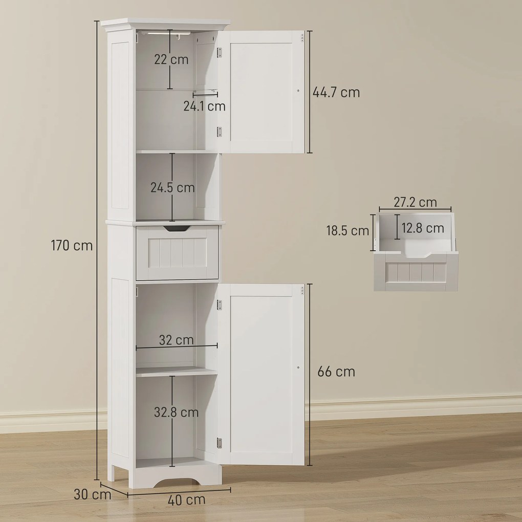 HOMCOM Dulap Vertical pentru Baie Slim cu 2 Dulapuri cu Uși, LED cu Senzor, Economisitor de Spațiu, Raft Deschis, Sertar, Picioare Reglabile, Modern, 40x30x170 cm, Alb | Aosom Romania