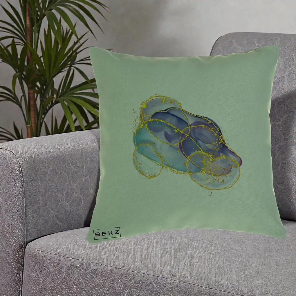 Perna Decorativa Abstract Acuarela Albastru-Mov cu Cercuri Aurii, 40x40 cm, Verde, Husa Detasabila, Perna Inclusa, BEKZ®