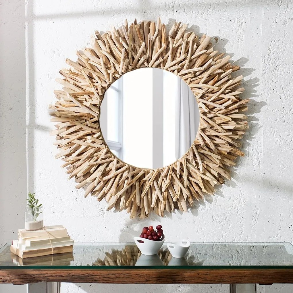 Oglinda decorativa rustica cu rama din lemn de tec Riverside 80cm A-36577 VC