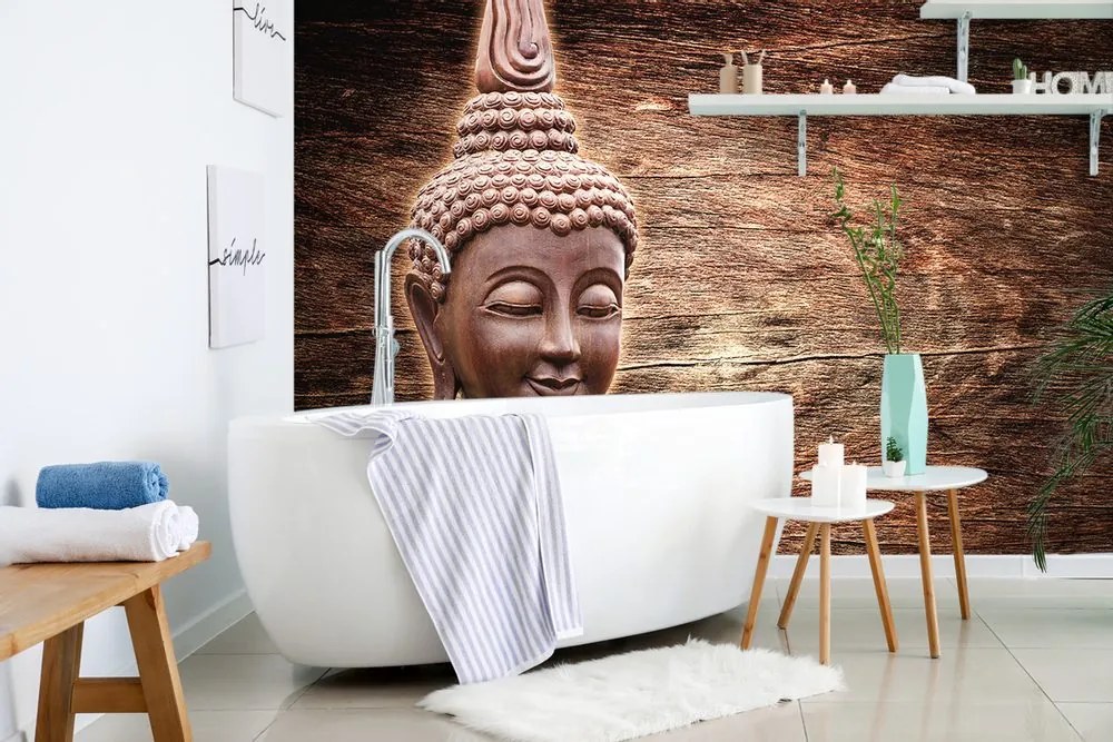 Tapet statuie Budha pe fundalul din lemn