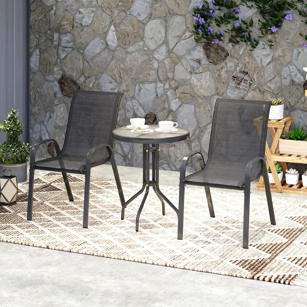 Outsunny Set Mobilier de Grădină din 3 Piese cu Scaune Suprapozabile și Masă din Sticlă, 54x71x93 cm, Gri Închis | Aosom Romania