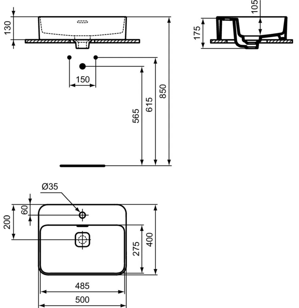 Lavoar pe blat alb 50 cm, dreptunghiular, cu orificiu baterie, Ideal Standard Strada II