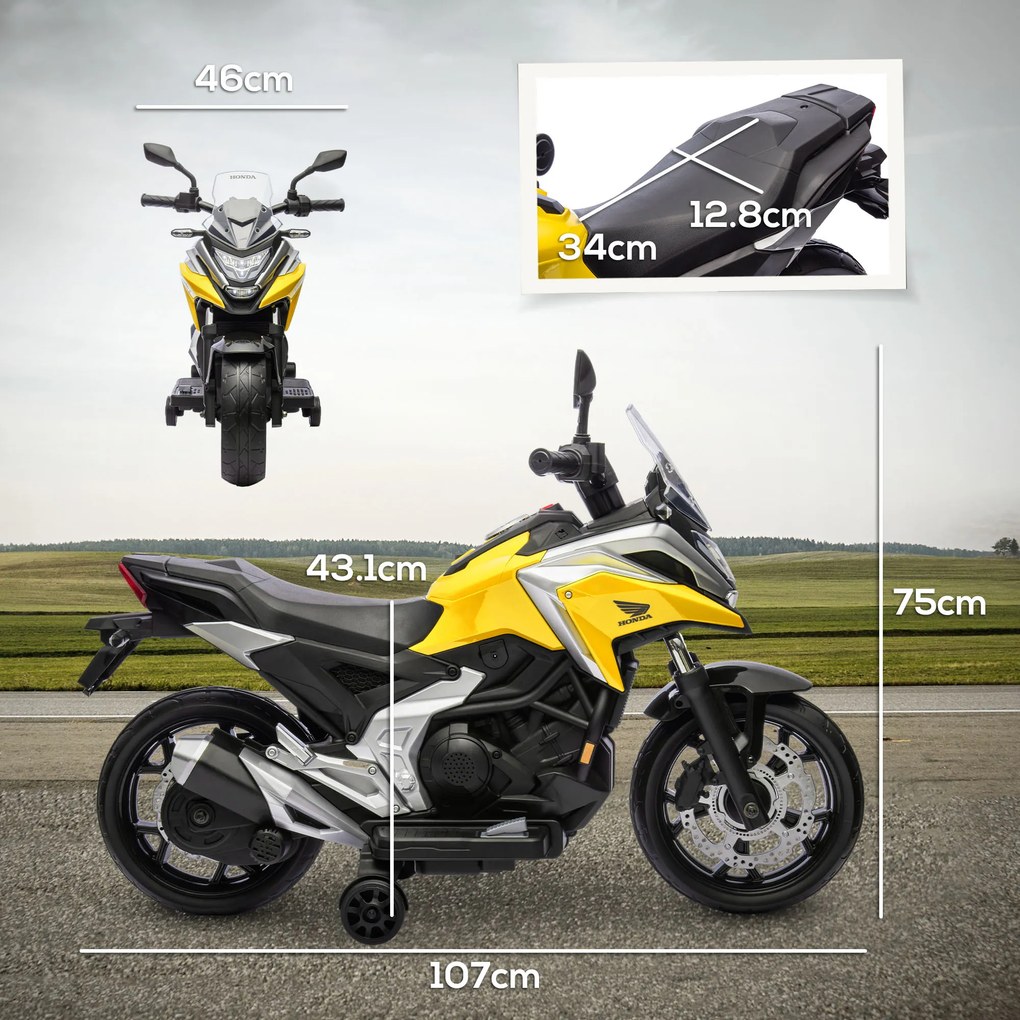 AIYAPLAY Motocicletă Electrică Copii, Licențiată Honda, Faruri Roți Antrenament, Galbenă | Aosom Romania