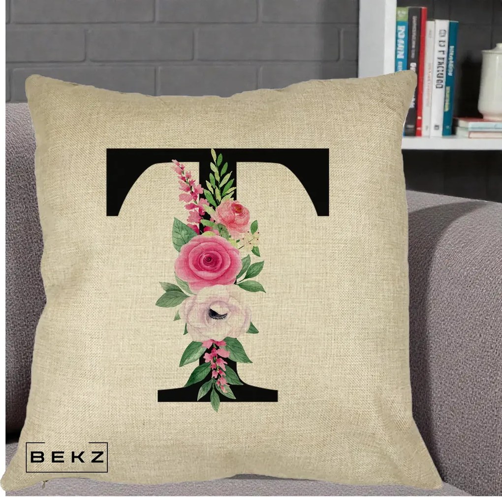 Cadou Personalizat - Perna Personalizata Monograma Florala Litera T, 40x40 cm, Crem, Husa Detasabila, Perna Inclusa, BEKZ®