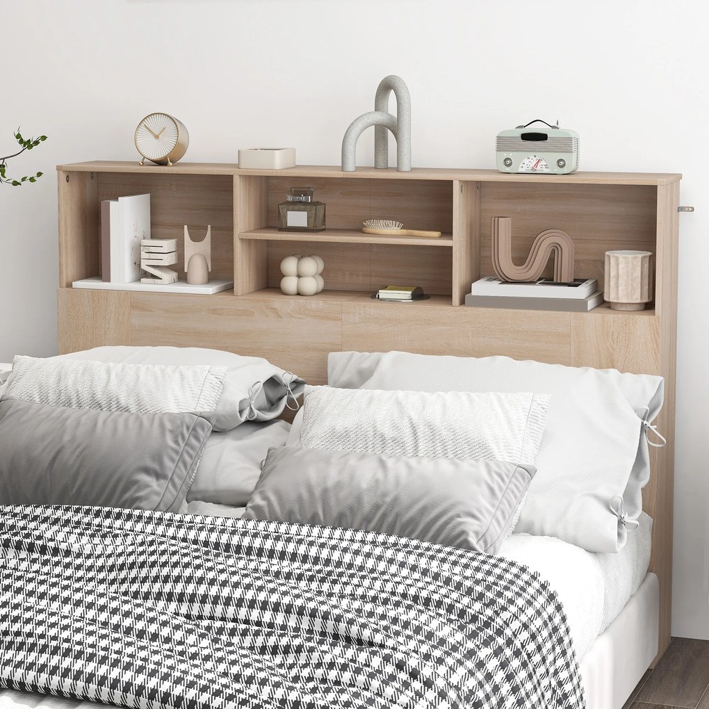 HOMCOM Tăblie pe picioare cu depozitare, accesoriu pentru pat cu 4 compartimente deschise, 140 x 19 x 103,5 cm, efect lemn natural | Aosom Romania