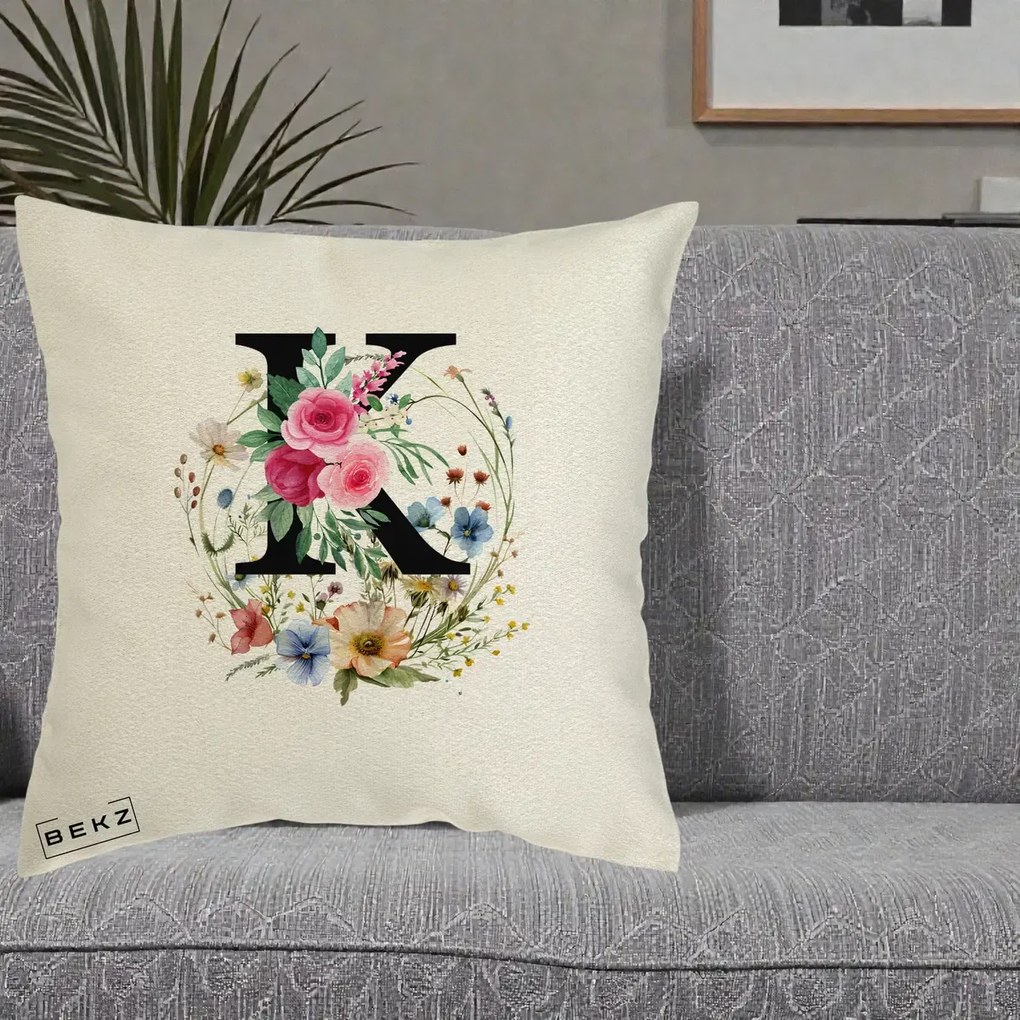 Cadou Personalizat - Perna Personalizata Monogram Litera K cu Flori Acuarela, 40x40 cm, Ecru, Husa Detasabila, Perna Inclusa, BEKZ®